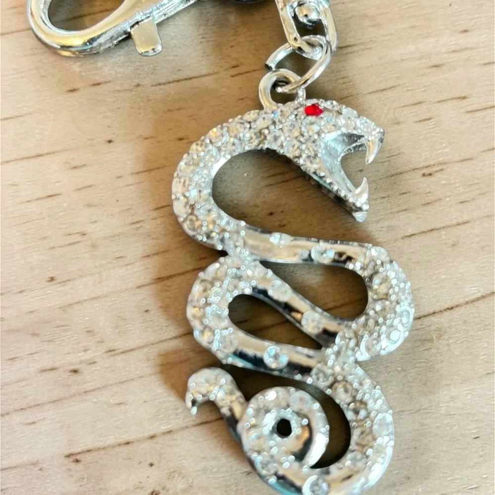 Rhinestone‎ Snake Keychain Charm - Silver with Red Eye